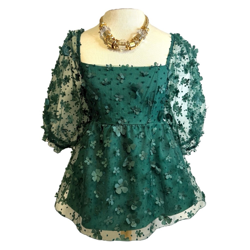 Thrity/Thirty forest green Floral Puff‎ Sleeve Babydoll Top sheer fairy whimsy